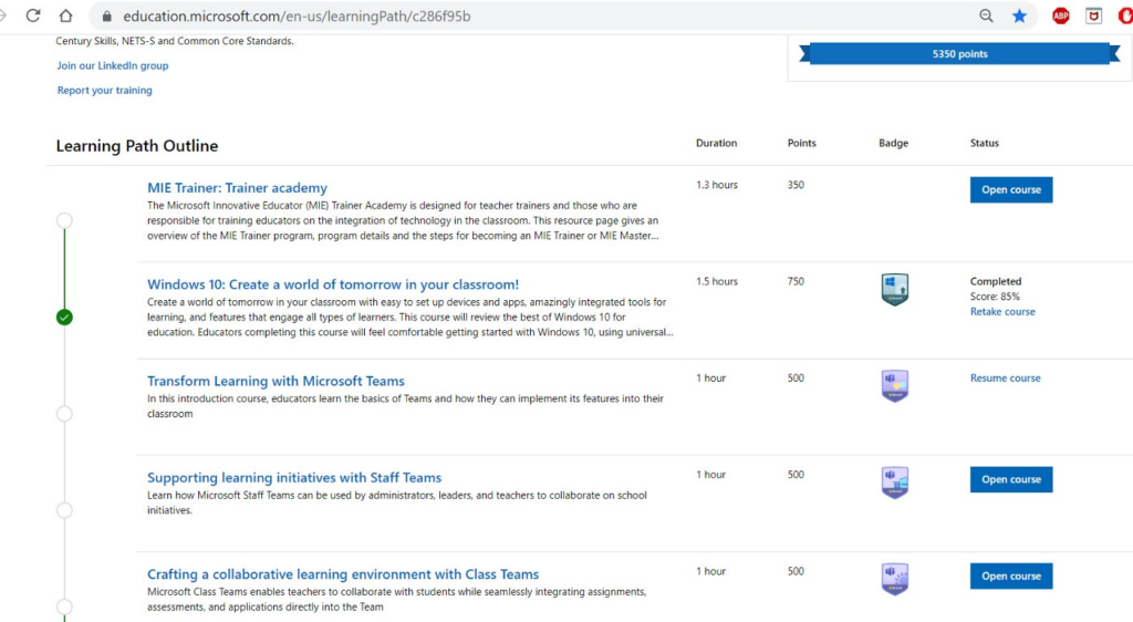 Screenshot of Microsoft Education Centre Learning Path Outline